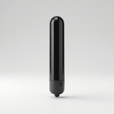 A sleek, glossy black cylindrical electronic adult vibrator with a rounded top and a small circular button near the base, standing upright on a small round foot against a light grey studio background.