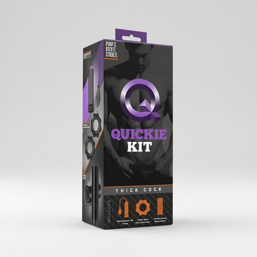 The retail packaging box for the Quickie Kit, a men's thick cock stimulator. The box is black with purple and orange accents, featuring a graphic of a muscular man and the product name 'QUICKIE KIT' in bold purple and white text.