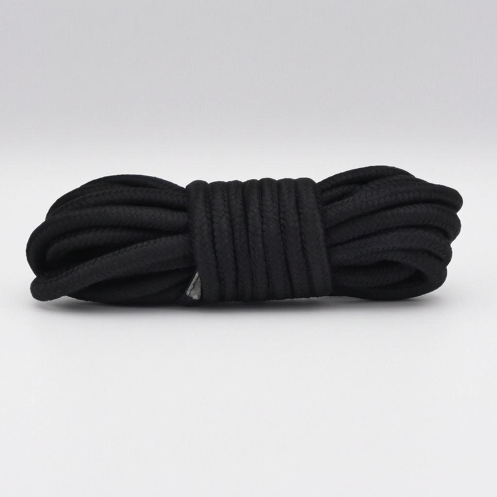 A coiled bundle of thick black braided rope to be used as part of a bondage kit for adults, secured with a black wrap, photographed on a clean light grey studio background. 5 Metre Length.